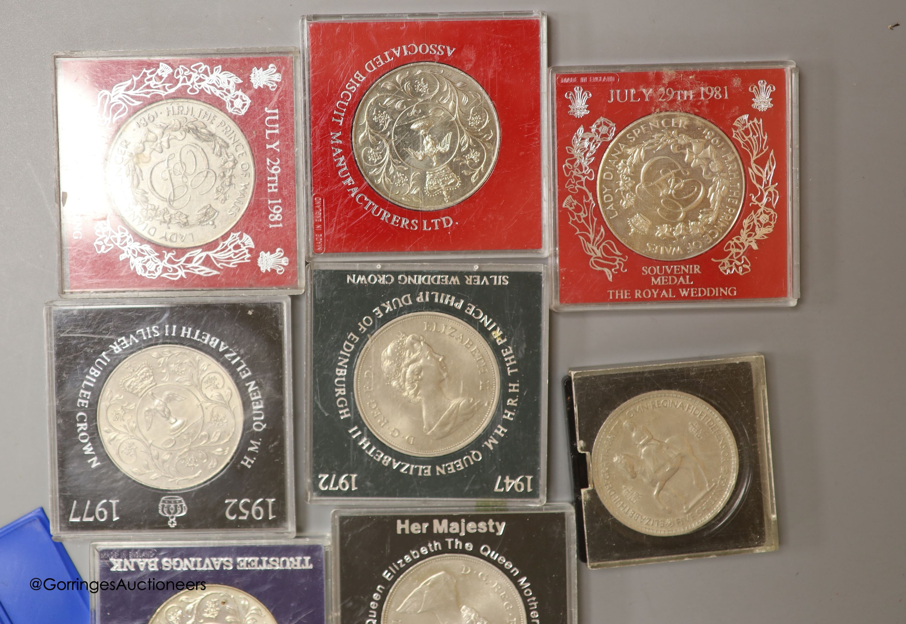 A collection of mostly Royal Mint UK commemorative coins and cover and five UK Brilliant Uncirculated coin collections for 1984 x2, 1986 x2 and 1987.